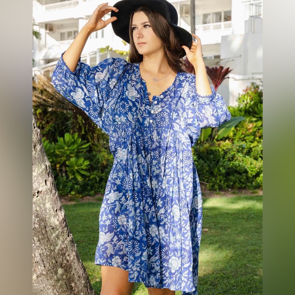 Blue Floral 3/4 Sleeve Dress 100% Cotton - Picture 3 of 13